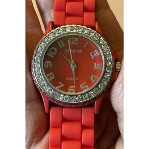 Ladies Geneva Quartz Watch RED Silicone Jelly Band Rhinestones Surround Face